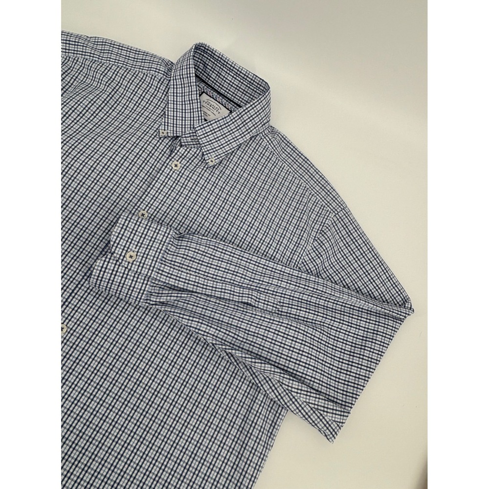 Charles Tyrwhitt Mens Classic Fit Non-Iron Shirt Blue White Check 17.5 35 SS23